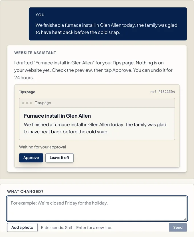 The AI editor in the client portal: the owner typed that a furnace install was finished, and the assistant shows a page-style preview with Approve and Leave it off buttons.
